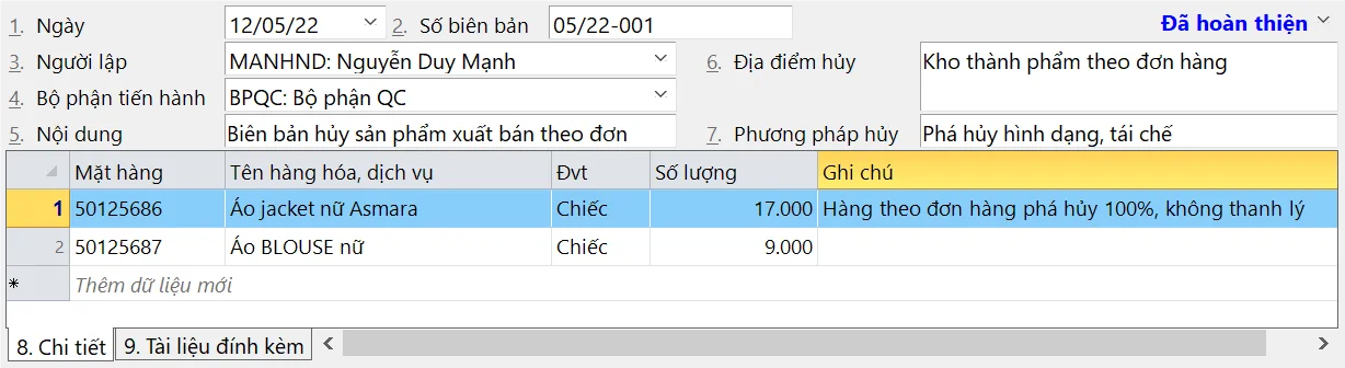 Biên bản hủy sản phẩm lỗi Biên bản hủy sản phẩm lỗi